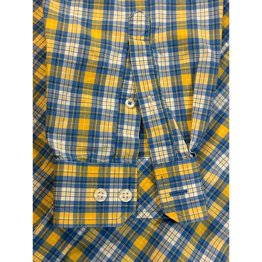 Cinch Mens Medium Button Down Shirt Cotton Blue Yellow Plaid Long Sleeve Pocket - Picture 5 of 8